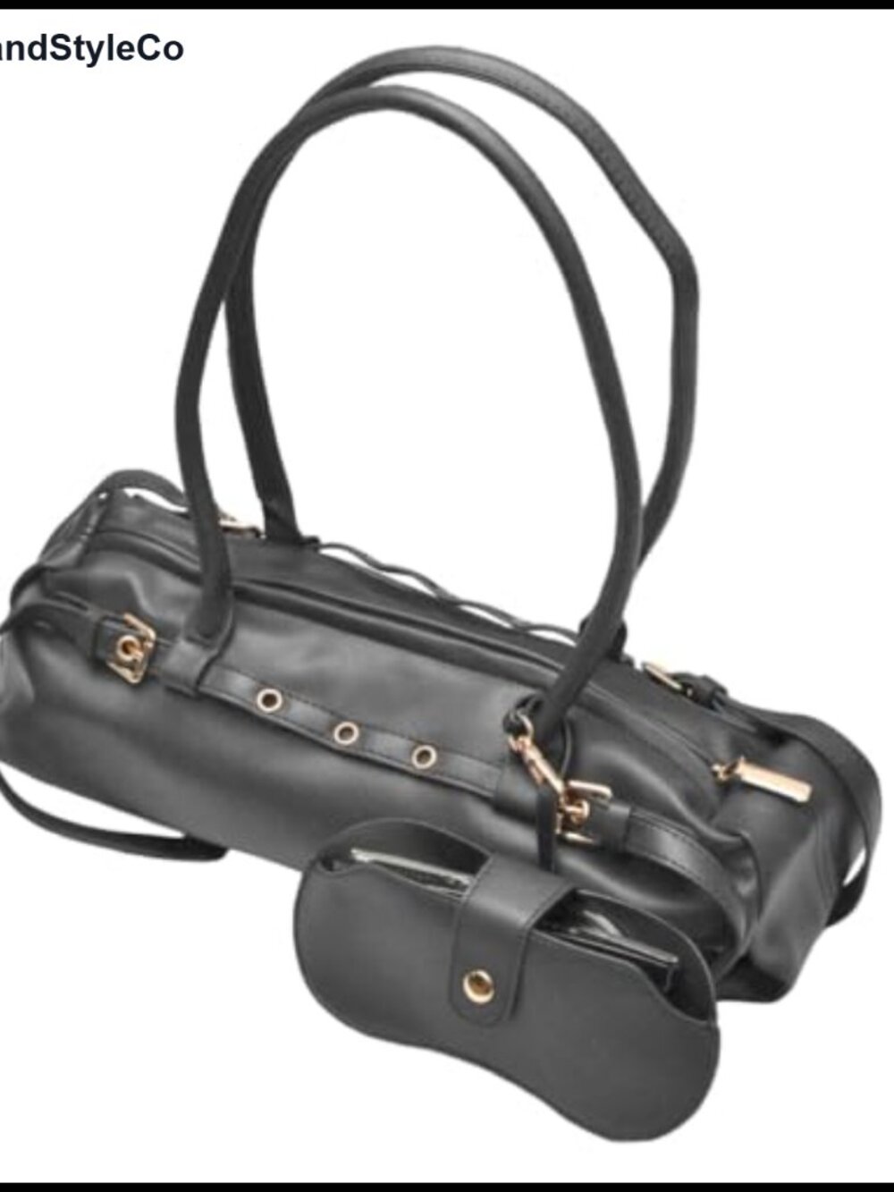 Women's Vegan Leather Shoulder Bag with Buckle Detail, Sunglass Holder